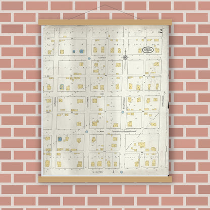 Old map wall art mockup — magnetic wood frame on brick wall — Sanborn Fire Insurance Map from Berne, Adams County, Indiana (1919), Sheet #0002