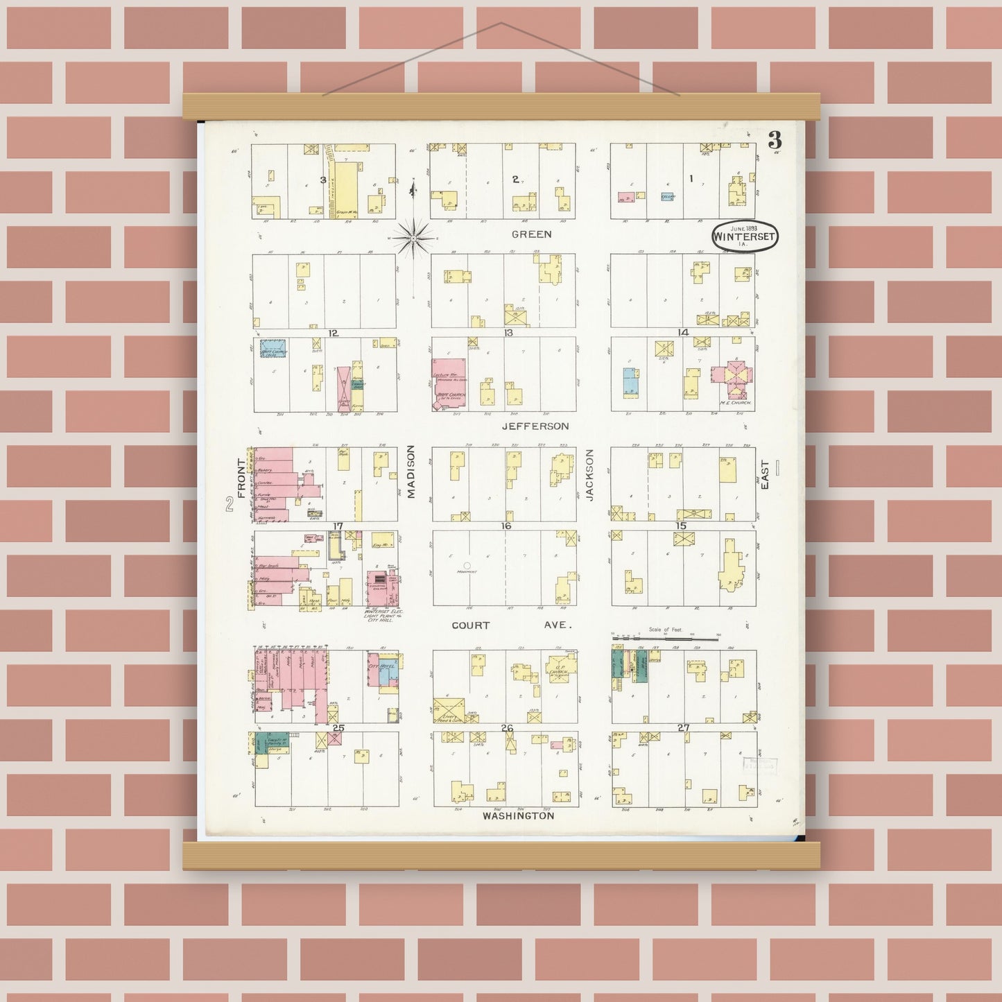 Old map wall art mockup — magnetic wood frame on brick wall — Sanborn Fire Insurance Map from Winterset, Madison County, Iowa (1893), Sheet #0003