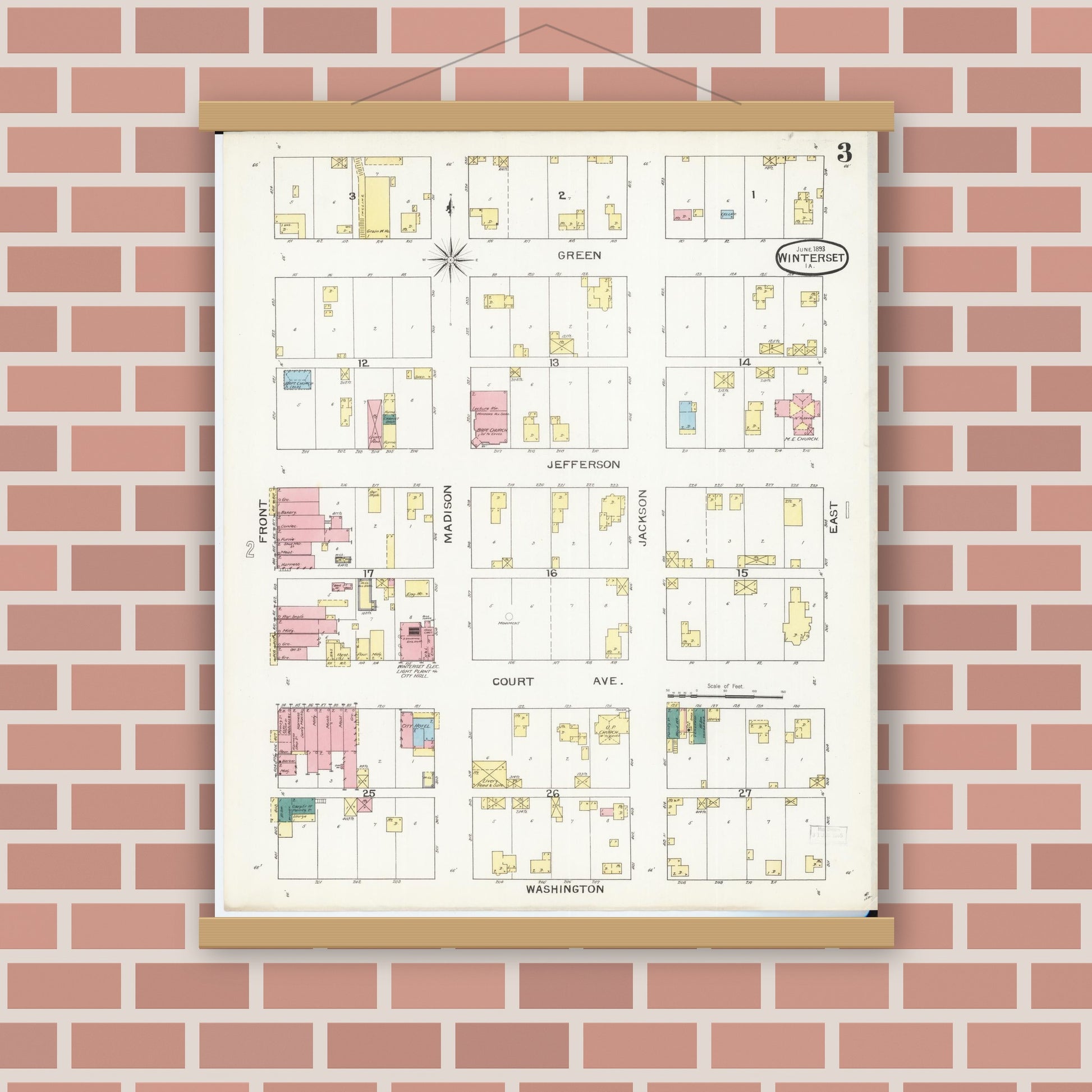 Old map wall art mockup — magnetic wood frame on brick wall — Sanborn Fire Insurance Map from Winterset, Madison County, Iowa (1893), Sheet #0003