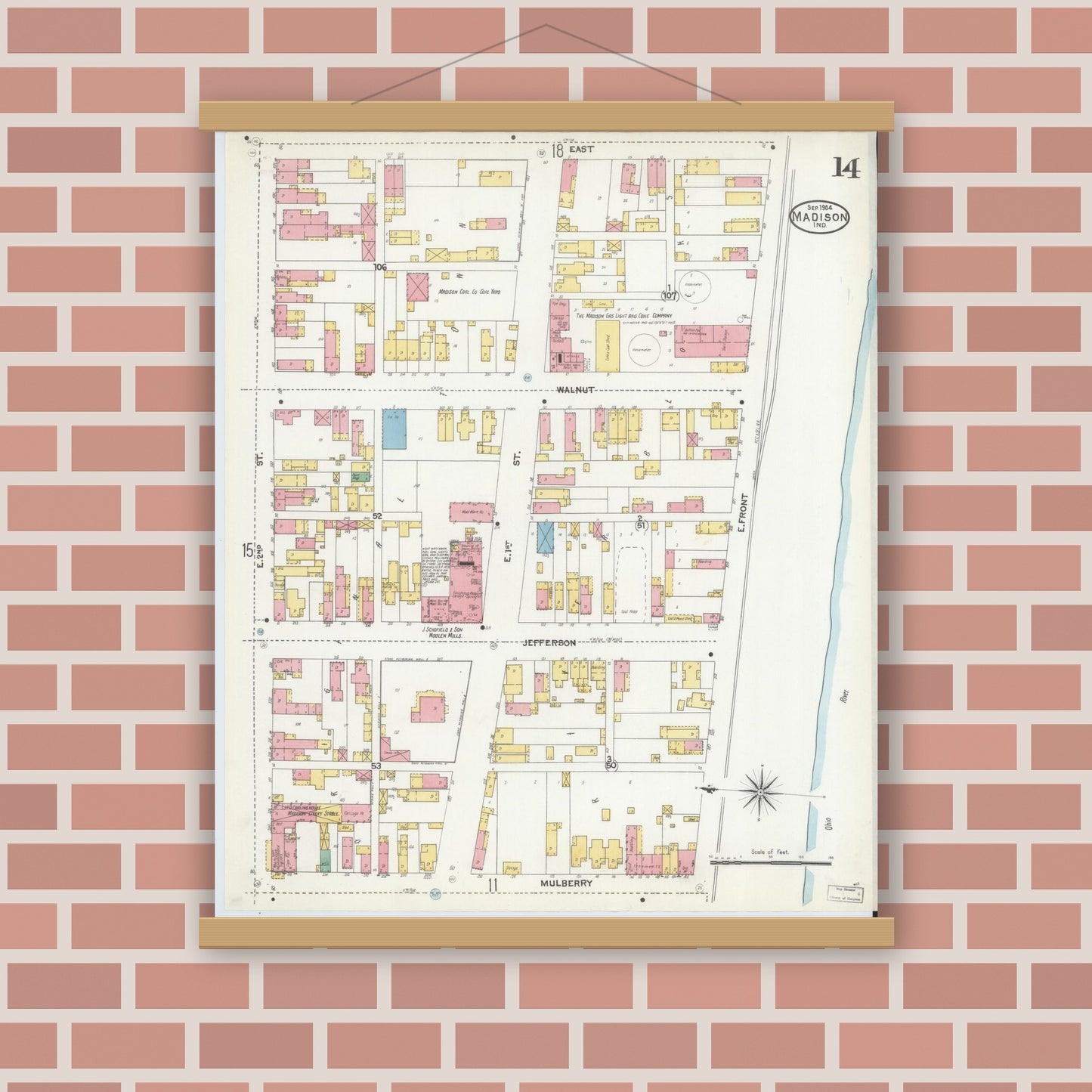 Old map wall art mockup — magnetic wood frame on brick wall — Sanborn Fire Insurance Map from Madison, Jefferson County, Indiana (1904), Sheet #0014