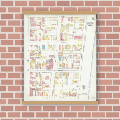 Old map wall art mockup — magnetic wood frame on brick wall — Sanborn Fire Insurance Map from Madison, Jefferson County, Indiana (1904), Sheet #0014