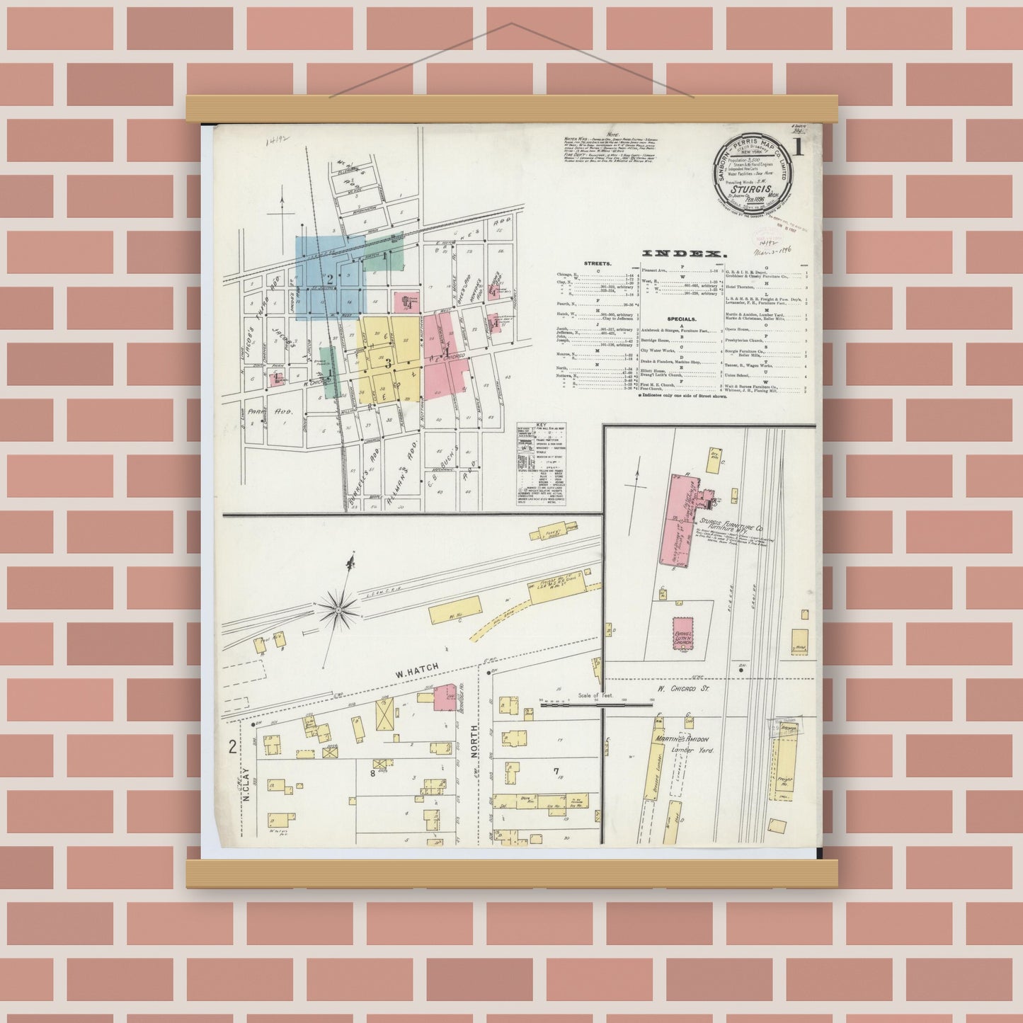 Old map wall art mockup — magnetic wood frame on brick wall — Sanborn Fire Insurance Map from Sturgis, Saint Joseph County, Michigan (1895) - Complete Map Set