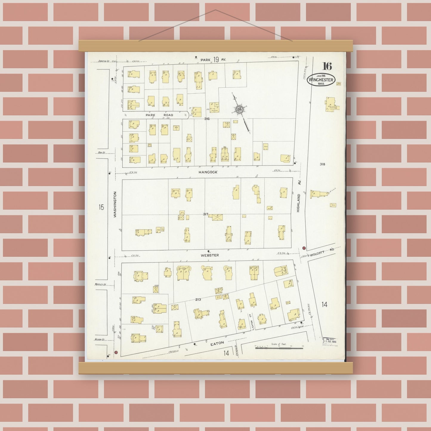 Old map wall art mockup — magnetic wood frame on brick wall — Sanborn Fire Insurance Map from Winchester, Middlesex County, Massachusetts (1916), Sheet #0016