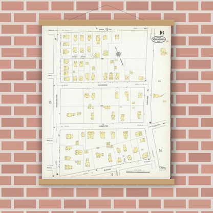 Old map wall art mockup — magnetic wood frame on brick wall — Sanborn Fire Insurance Map from Winchester, Middlesex County, Massachusetts (1916), Sheet #0016