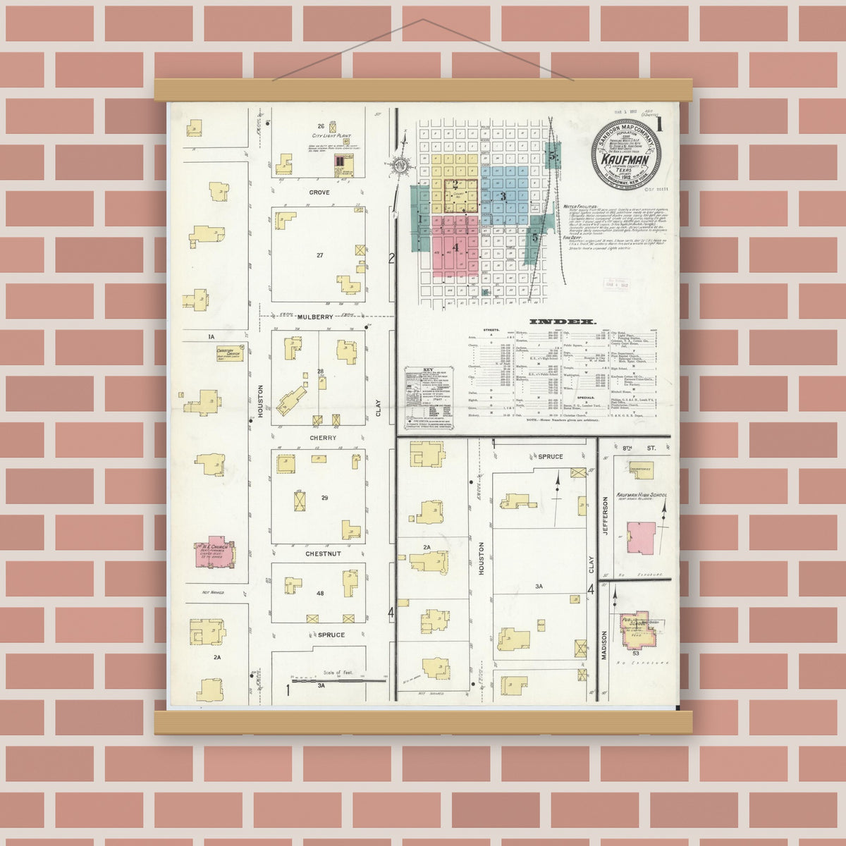 Old map wall art mockup — magnetic wood frame on brick wall — Sanborn Fire Insurance Map from Kaufman, Kaufman County, Texas (1912) - Complete Map Set