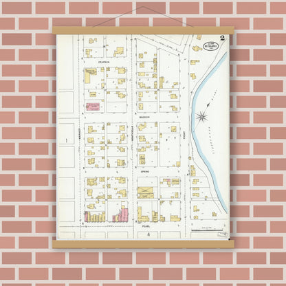 Old map wall art mockup — magnetic wood frame on brick wall — Sanborn Fire Insurance Map from Winamac, Pulaski County, Indiana (1899), Sheet #0002