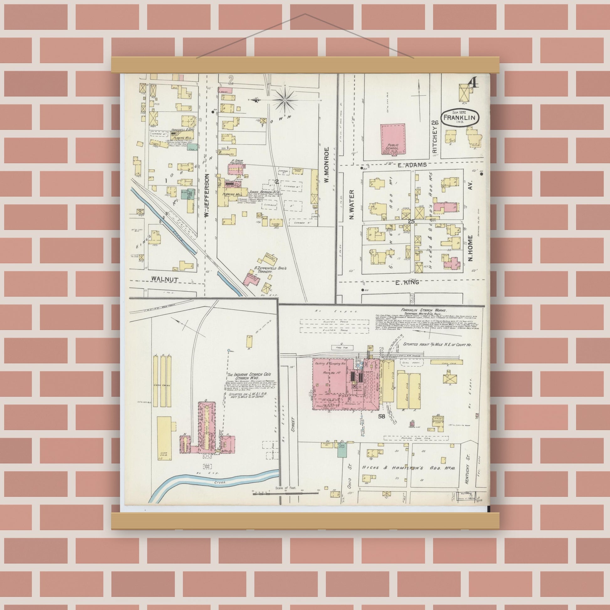 Old map wall art mockup — magnetic wood frame on brick wall — Sanborn Fire Insurance Map from Franklin, Johnson County, Indiana (1892), Sheet #0004