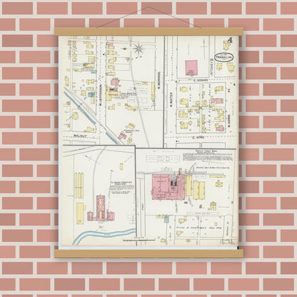 Old map wall art mockup — magnetic wood frame on brick wall — Sanborn Fire Insurance Map from Franklin, Johnson County, Indiana (1892), Sheet #0004