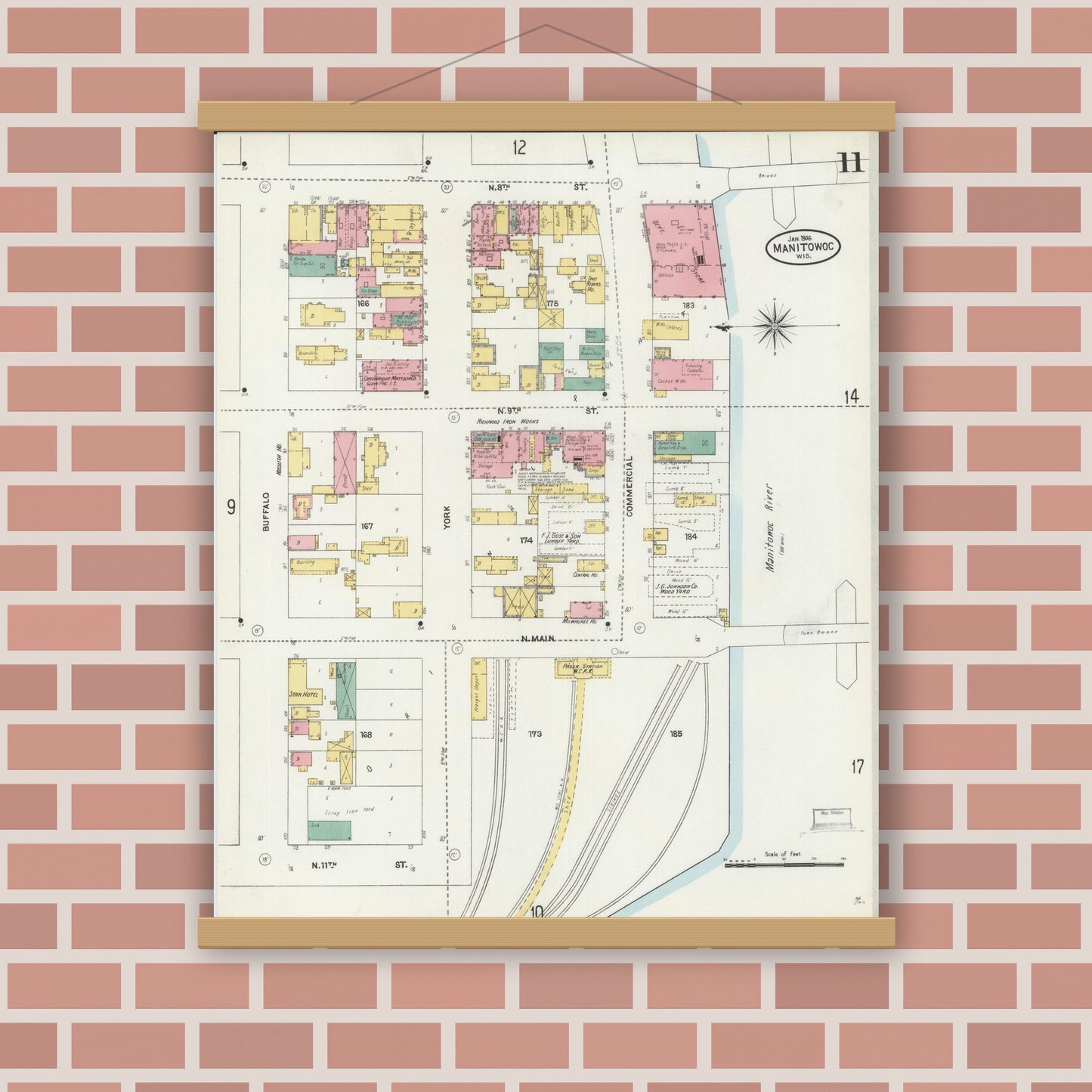 Old map wall art mockup — magnetic wood frame on brick wall — Sanborn Fire Insurance Map from Manitowoc, Manitowoc County, Wisconsin (1906), Sheet #0011