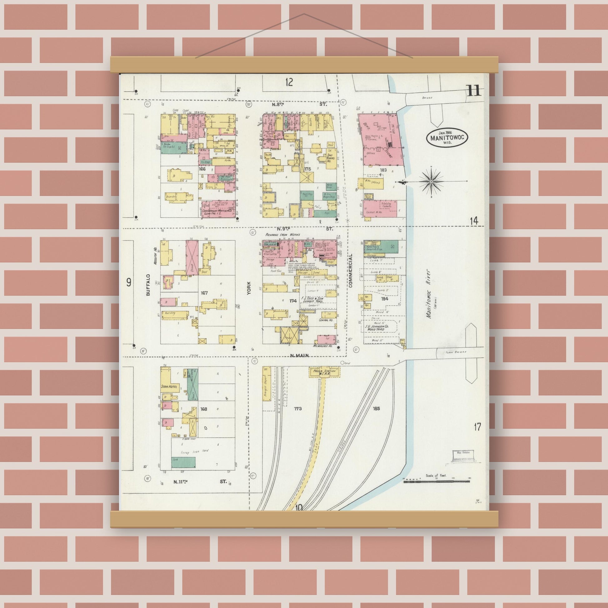 Old map wall art mockup — magnetic wood frame on brick wall — Sanborn Fire Insurance Map from Manitowoc, Manitowoc County, Wisconsin (1906), Sheet #0011