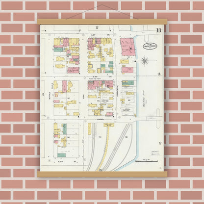 Old map wall art mockup — magnetic wood frame on brick wall — Sanborn Fire Insurance Map from Manitowoc, Manitowoc County, Wisconsin (1906), Sheet #0011