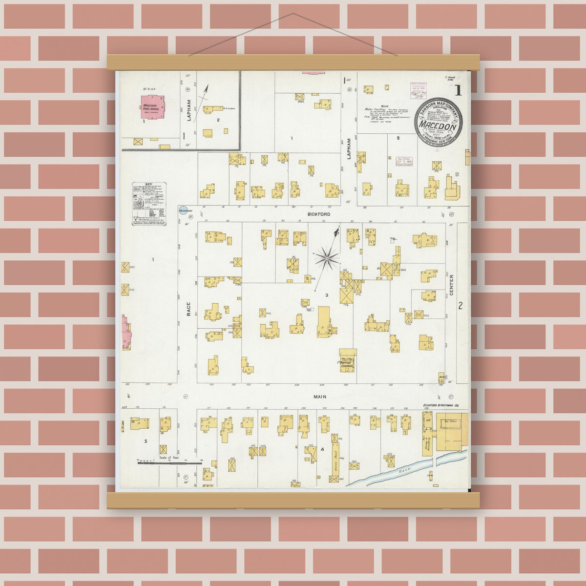 Old map wall art mockup — magnetic wood frame on brick wall — Sanborn Fire Insurance Map from Macedon, Wayne County, New York (1906) - Complete Map Set