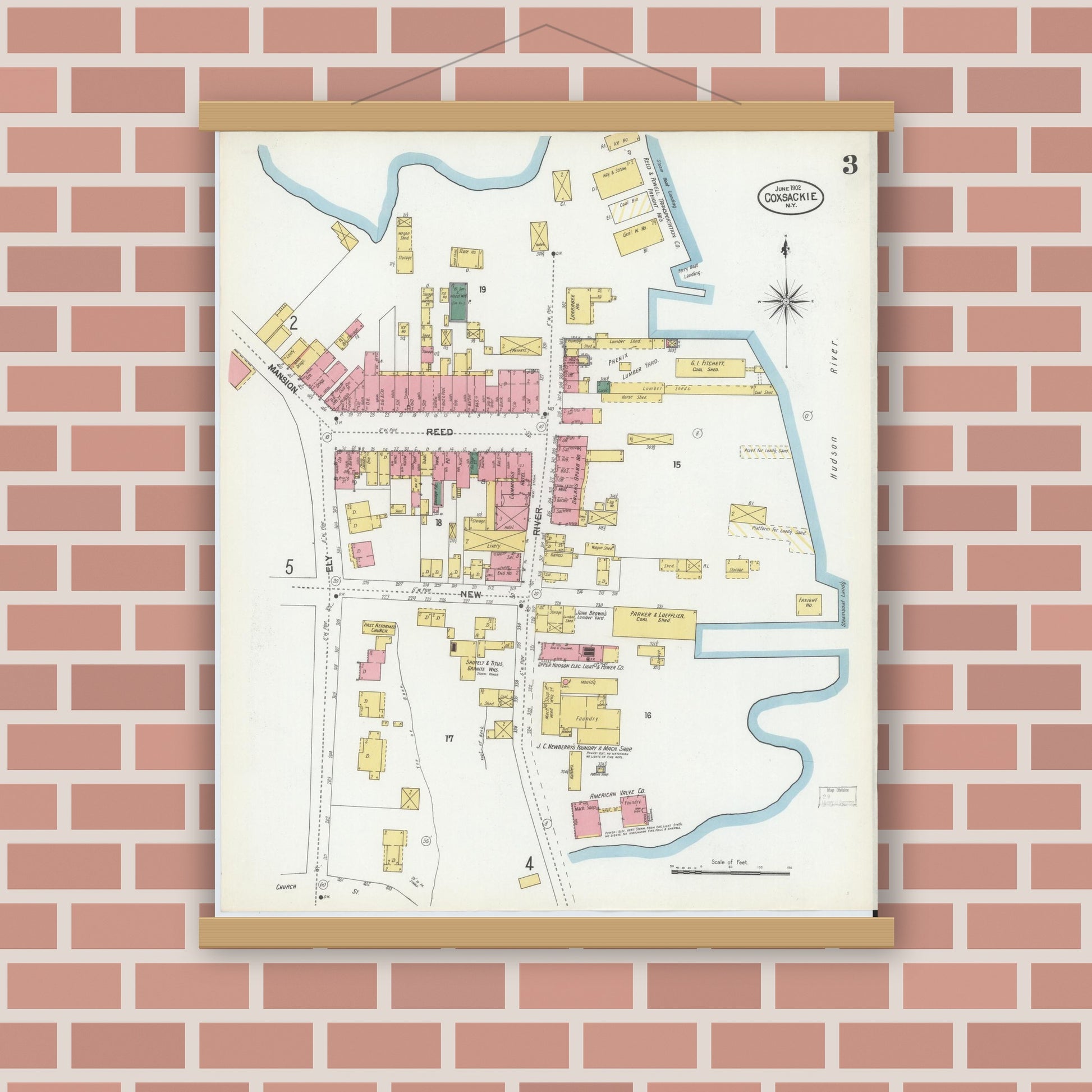 Old map wall art mockup — magnetic wood frame on brick wall — Sanborn Fire Insurance Map from Coxsackie, Greene County, New York (1902), Sheet #0003