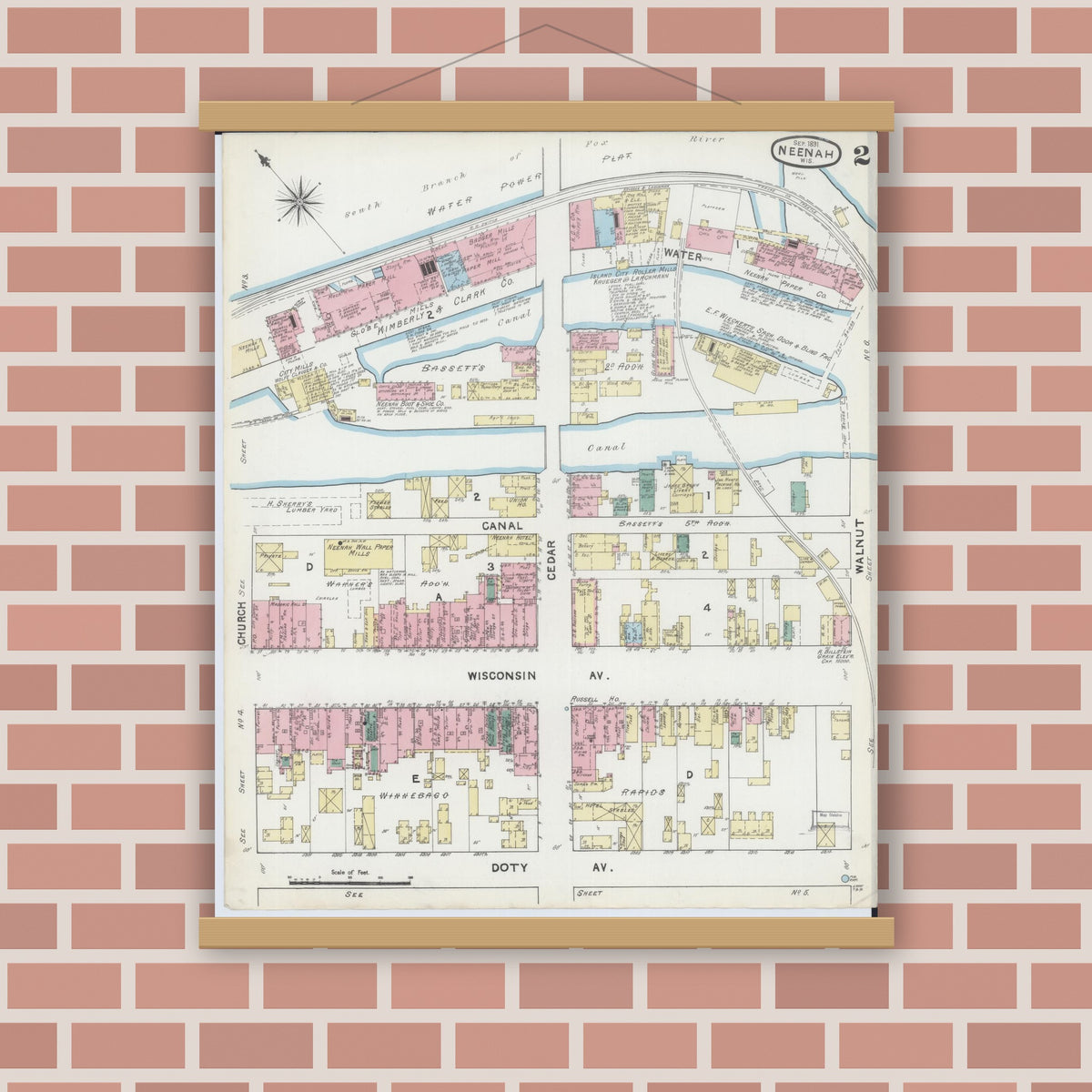 Old map wall art mockup — magnetic wood frame on brick wall — Sanborn Fire Insurance Map from Neenah, Winnebago County, Wisconsin (1891), Sheet #0002