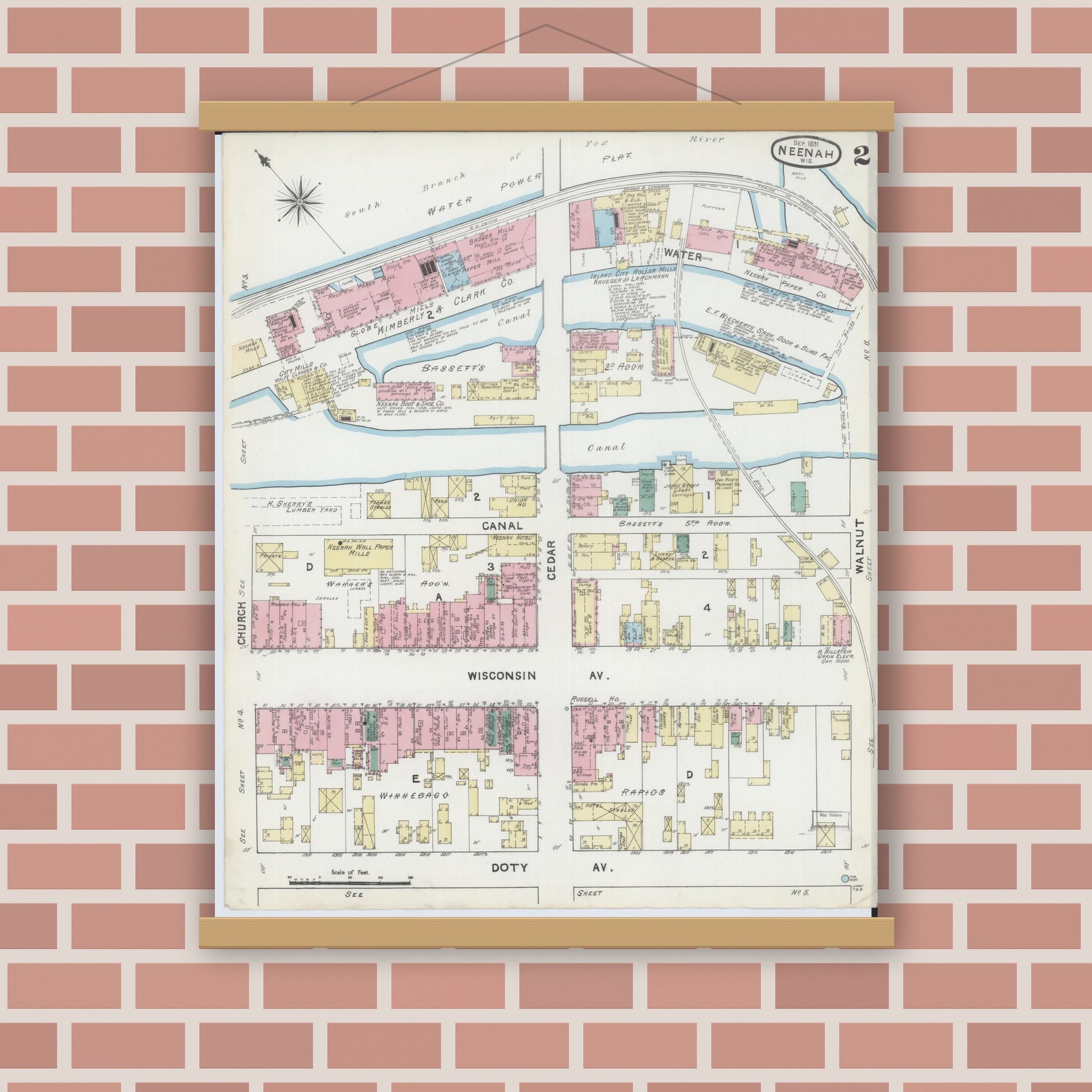 Old map wall art mockup — magnetic wood frame on brick wall — Sanborn Fire Insurance Map from Neenah, Winnebago County, Wisconsin (1891), Sheet #0002
