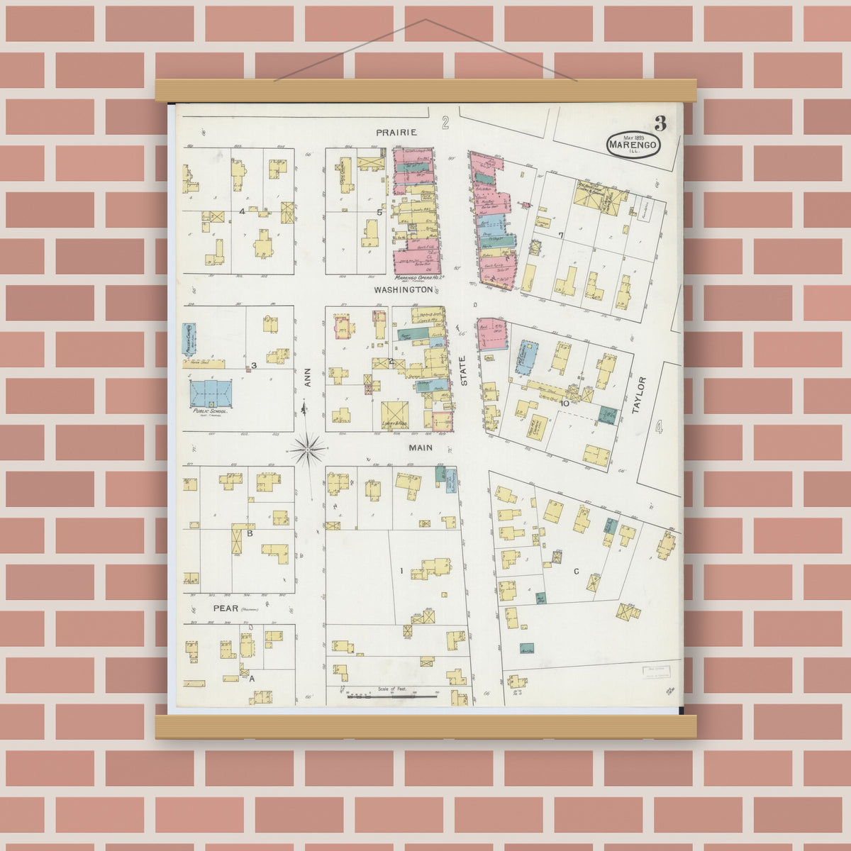 Old map wall art mockup — magnetic wood frame on brick wall — Sanborn Fire Insurance Map from Marengo, McHenry County, Illinois (1893), Sheet #0003