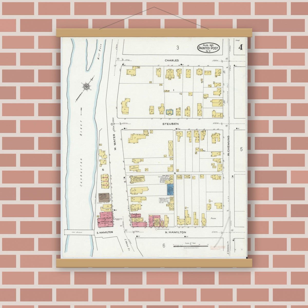 Old map wall art mockup — magnetic wood frame on brick wall — Sanborn Fire Insurance Map from Painted Post, Steuben County, New York (1921), Sheet #0004
