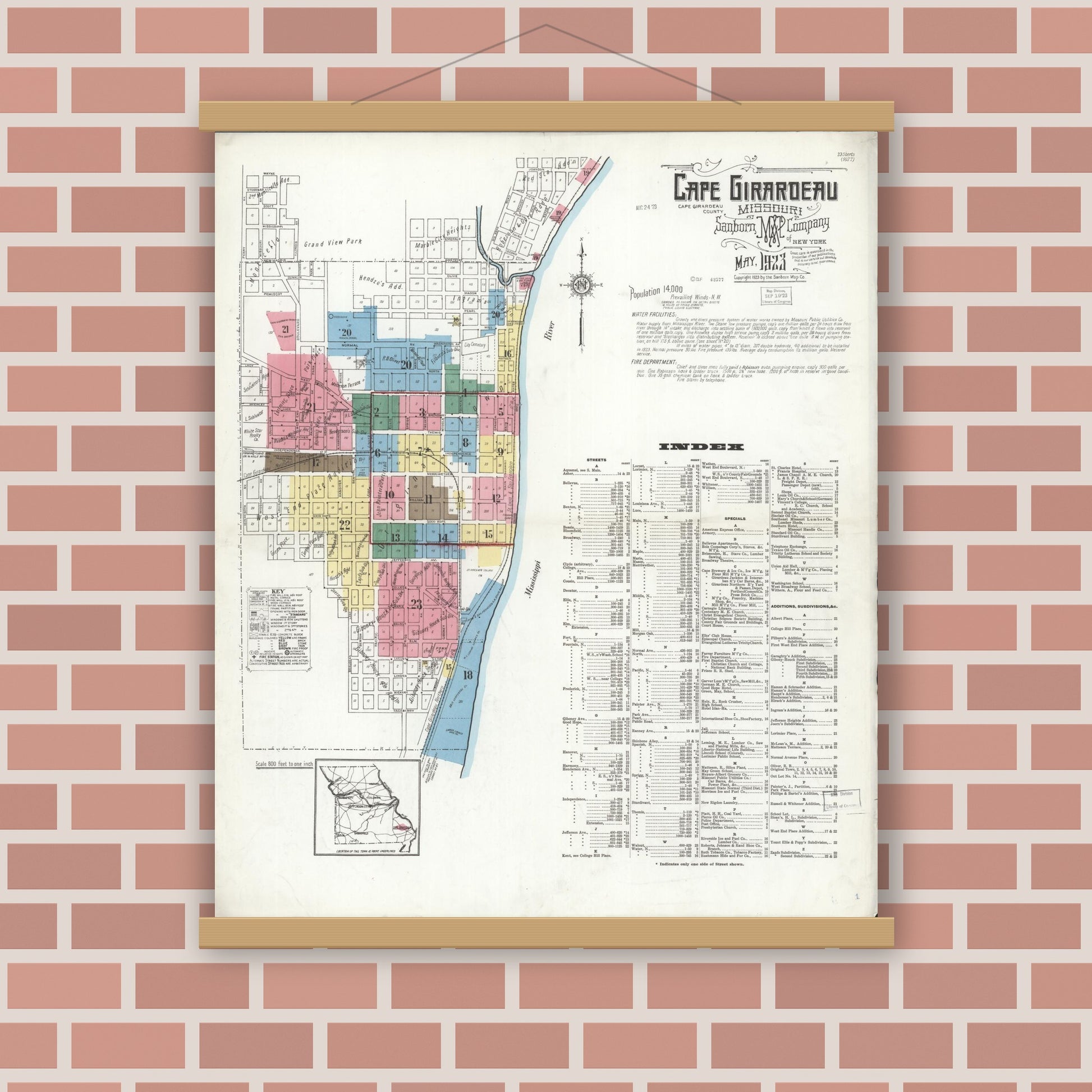 Old map wall art mockup — magnetic wood frame on brick wall — Sanborn Fire Insurance Map from Cape Girardeau, Cape Girardeau County, Missouri (1923) - Complete Map Set