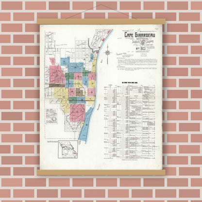 Old map wall art mockup — magnetic wood frame on brick wall — Sanborn Fire Insurance Map from Cape Girardeau, Cape Girardeau County, Missouri (1923) - Complete Map Set