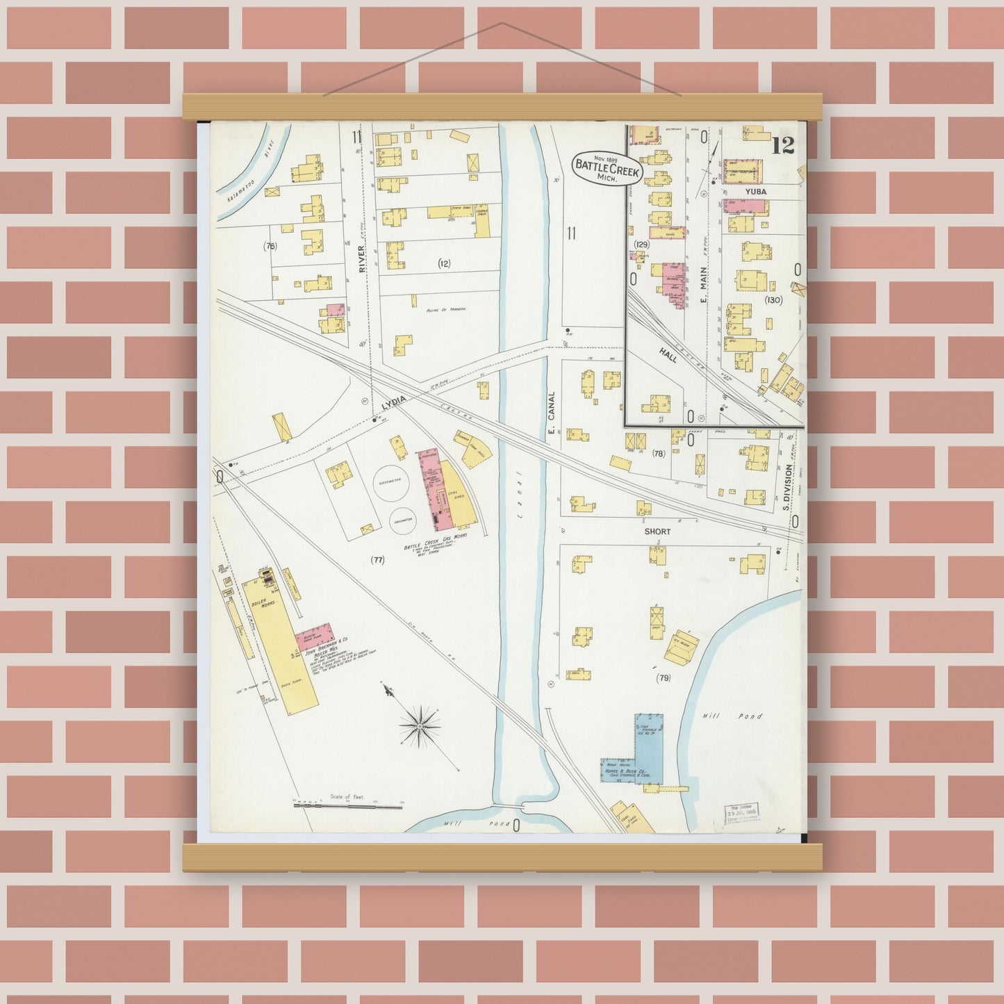Old map wall art mockup — magnetic wood frame on brick wall — Sanborn Fire Insurance Map from Battle Creek, Calhoun County, Michigan (1899), Sheet #0012