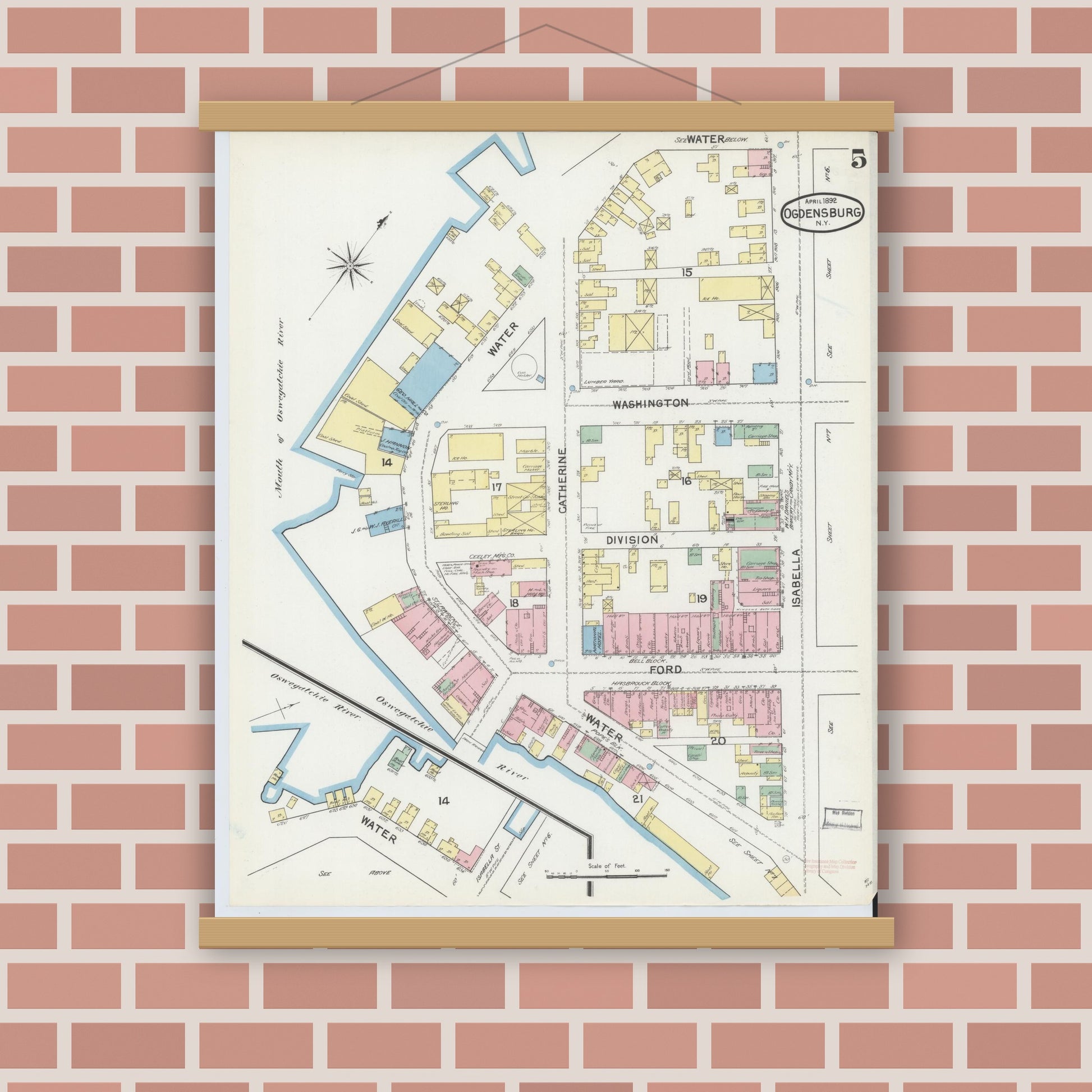 Old map wall art mockup — magnetic wood frame on brick wall — Sanborn Fire Insurance Map from Ogdensburg, St. Lawrence County, New York (1892), Sheet #0004