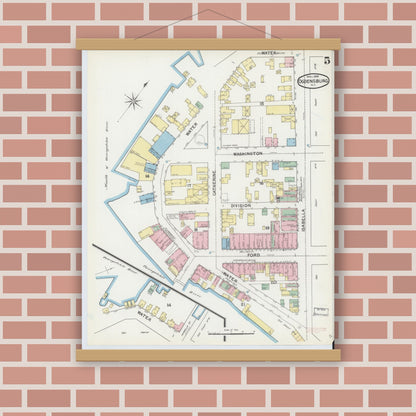 Old map wall art mockup — magnetic wood frame on brick wall — Sanborn Fire Insurance Map from Ogdensburg, St. Lawrence County, New York (1892), Sheet #0004