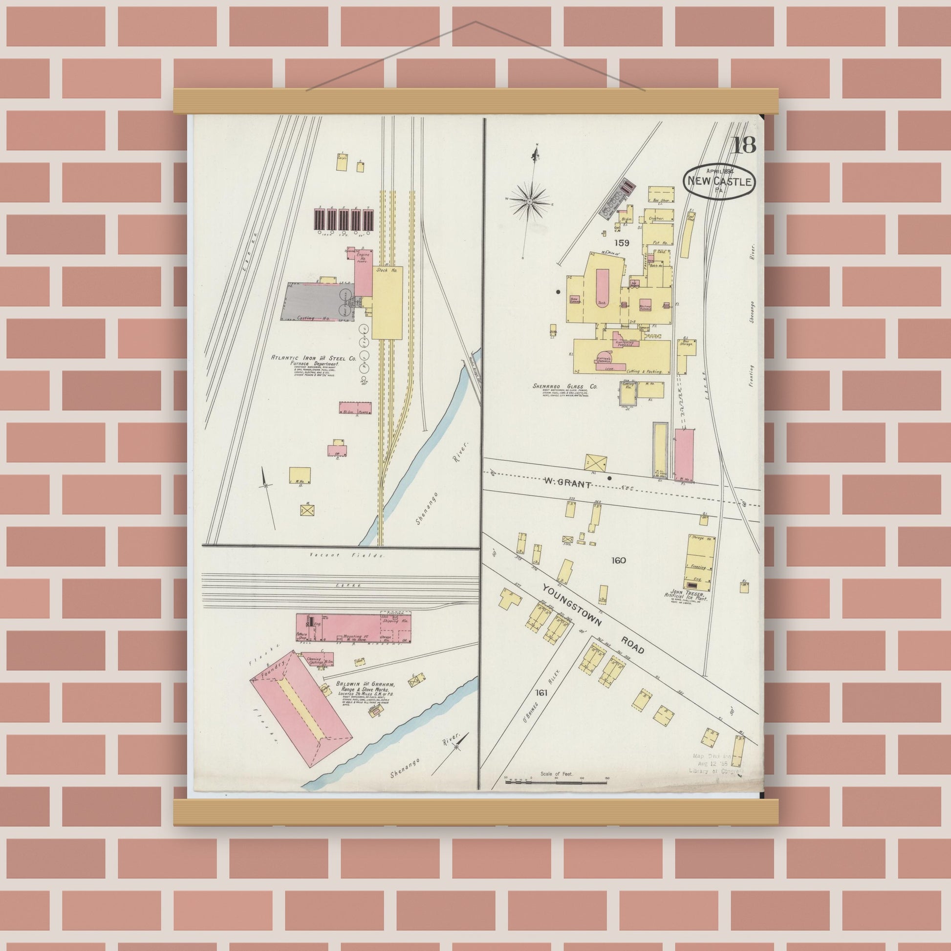 Old map wall art mockup — magnetic wood frame on brick wall — Sanborn Fire Insurance Map from New Castle, Lawrence County, Pennsylvania (1894), Sheet #0018
