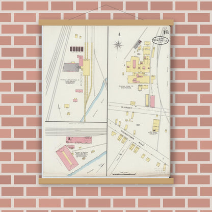 Old map wall art mockup — magnetic wood frame on brick wall — Sanborn Fire Insurance Map from New Castle, Lawrence County, Pennsylvania (1894), Sheet #0018