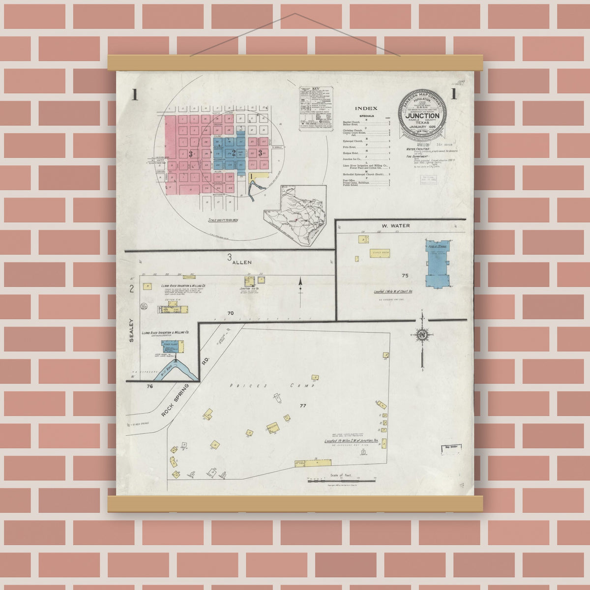 Old map wall art mockup — magnetic wood frame on brick wall — Sanborn Fire Insurance Map from Junction, Kimble County, Texas (1926) - Complete Map Set