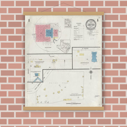 Old map wall art mockup — magnetic wood frame on brick wall — Sanborn Fire Insurance Map from Junction, Kimble County, Texas (1926) - Complete Map Set