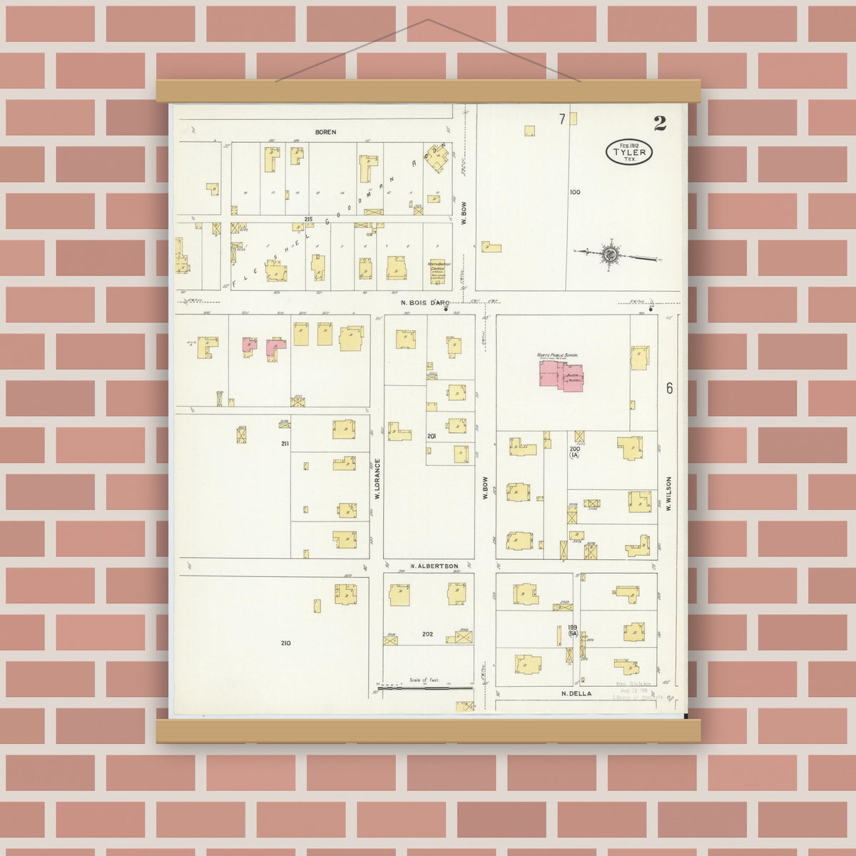 Old map wall art mockup — magnetic wood frame on brick wall — Sanborn Fire Insurance Map from Tyler, Smith County, Texas (1912), Sheet #0002