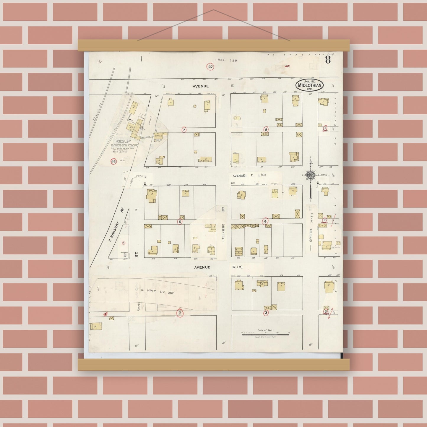 Old map wall art mockup — magnetic wood frame on brick wall — Sanborn Fire Insurance Map from Midlothian, Ellis County, Texas (1944), Sheet #0008