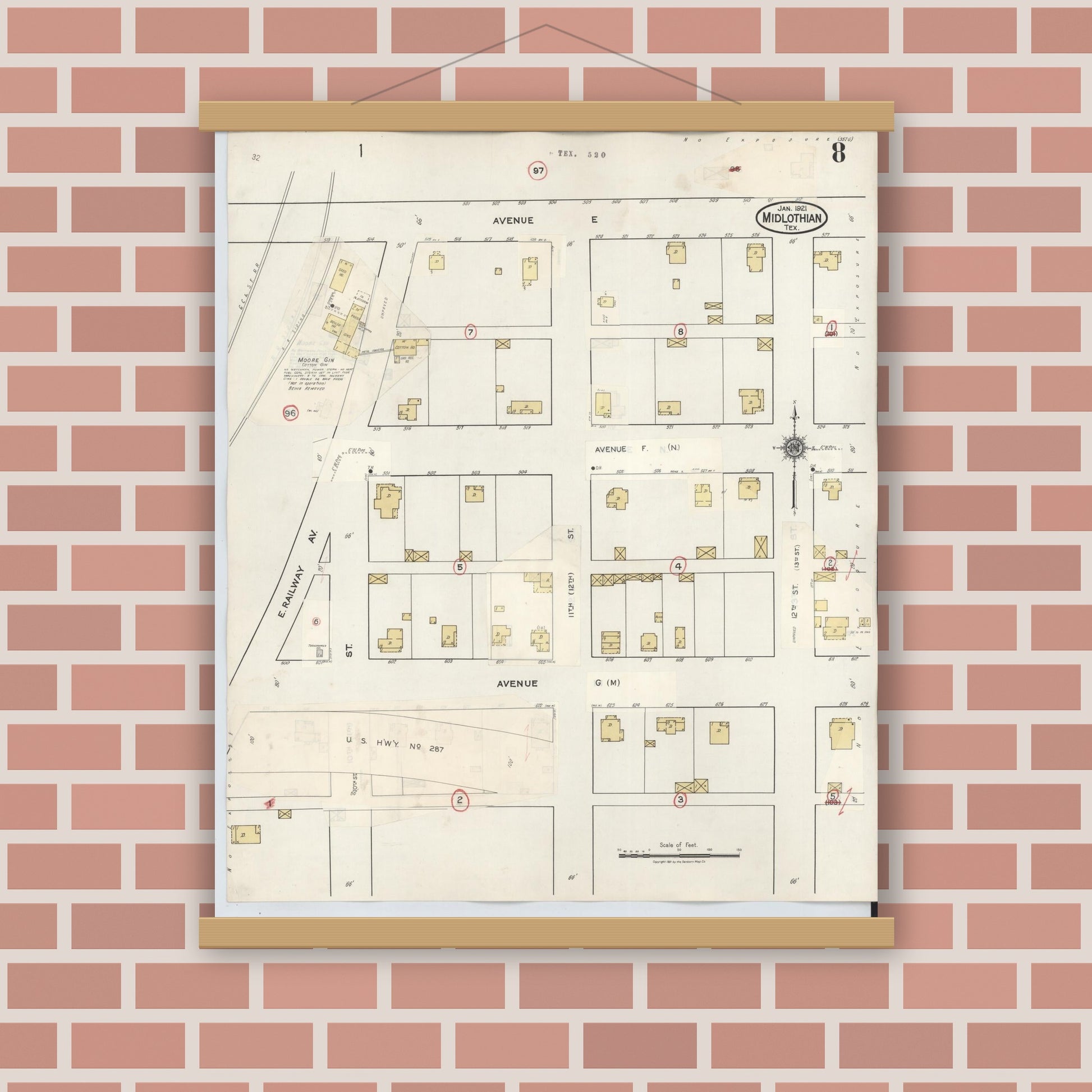 Old map wall art mockup — magnetic wood frame on brick wall — Sanborn Fire Insurance Map from Midlothian, Ellis County, Texas (1944), Sheet #0008