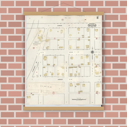 Old map wall art mockup — magnetic wood frame on brick wall — Sanborn Fire Insurance Map from Midlothian, Ellis County, Texas (1944), Sheet #0008
