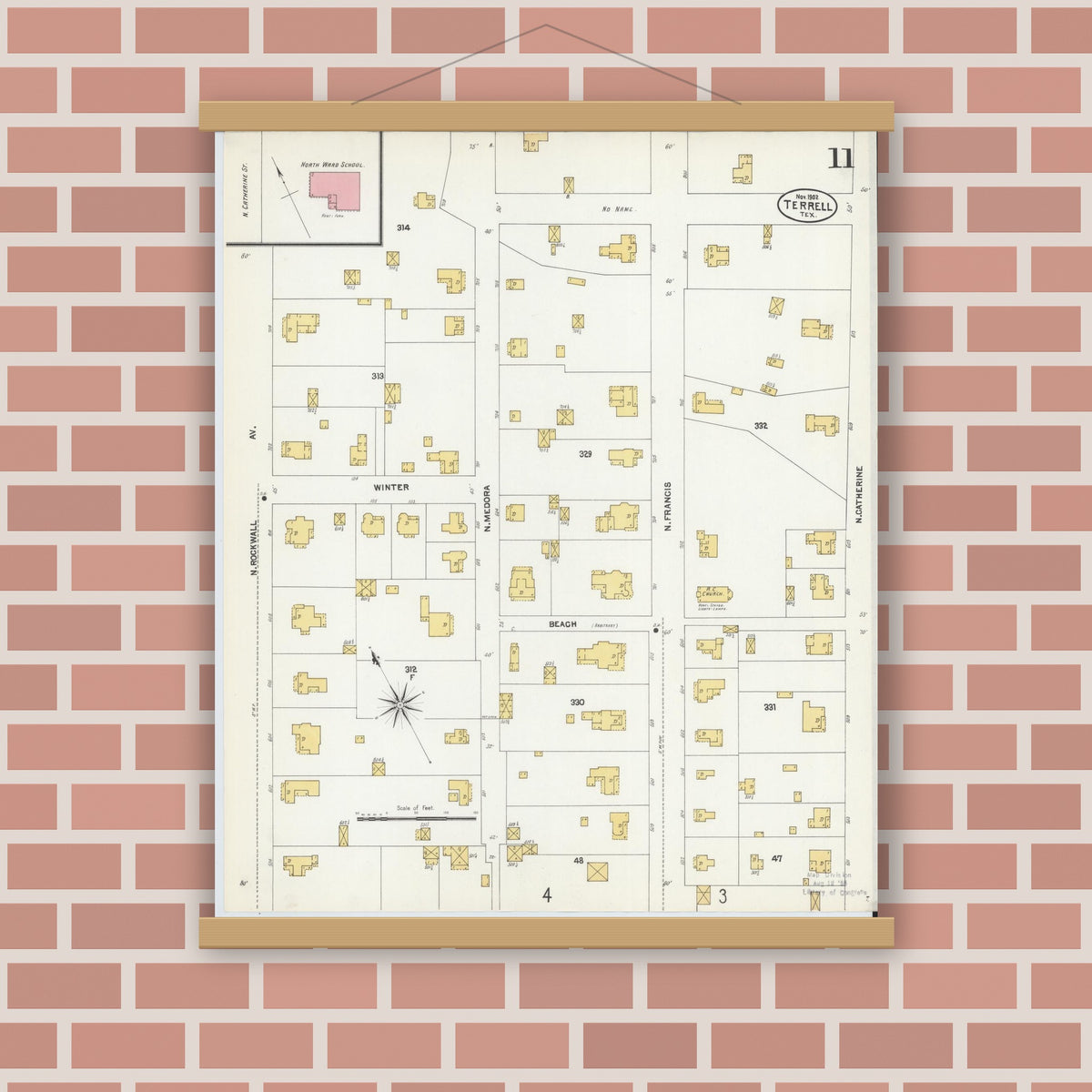 Old map wall art mockup — magnetic wood frame on brick wall — Sanborn Fire Insurance Map from Terrell, Kaufman County, Texas (1902), Sheet #0011