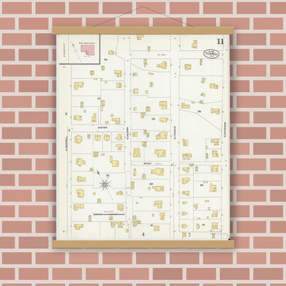 Old map wall art mockup — magnetic wood frame on brick wall — Sanborn Fire Insurance Map from Terrell, Kaufman County, Texas (1902), Sheet #0011