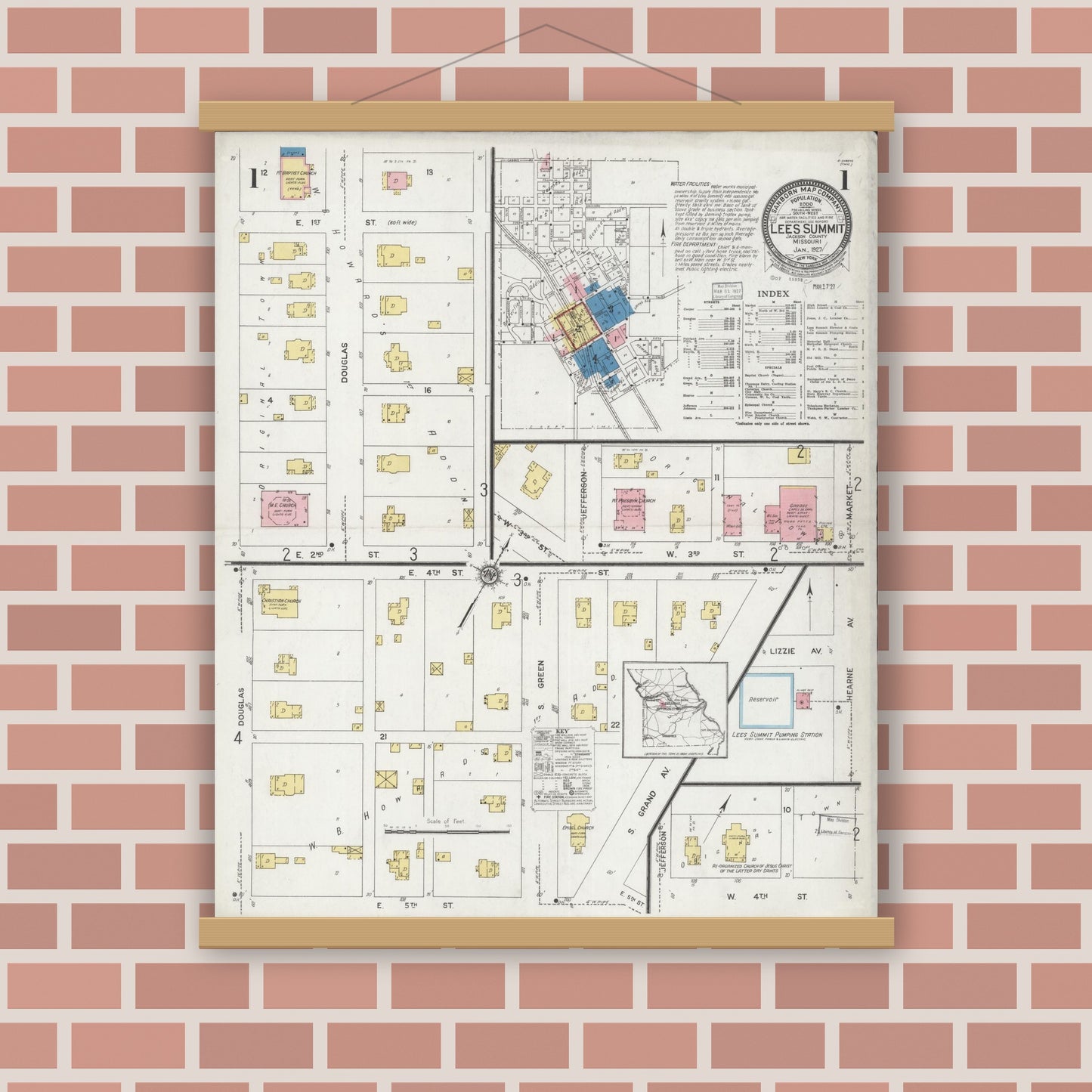 Old map wall art mockup — magnetic wood frame on brick wall — Sanborn Fire Insurance Map from Lee's Summit, Jackson County, Missouri (1927), Sheet #0001
