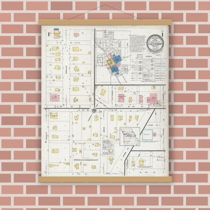 Old map wall art mockup — magnetic wood frame on brick wall — Sanborn Fire Insurance Map from Lee's Summit, Jackson County, Missouri (1927), Sheet #0001