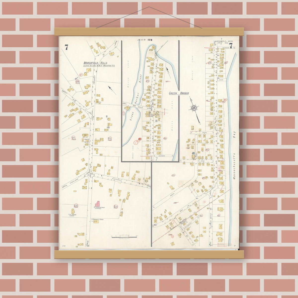 Old map wall art mockup — magnetic wood frame on brick wall — Sanborn Fire Insurance Map from Marshfield, Plymouth County, Massachusetts (1942), Sheet #0007