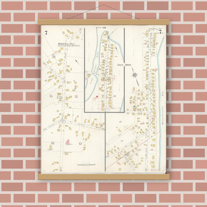 Old map wall art mockup — magnetic wood frame on brick wall — Sanborn Fire Insurance Map from Marshfield, Plymouth County, Massachusetts (1942), Sheet #0007
