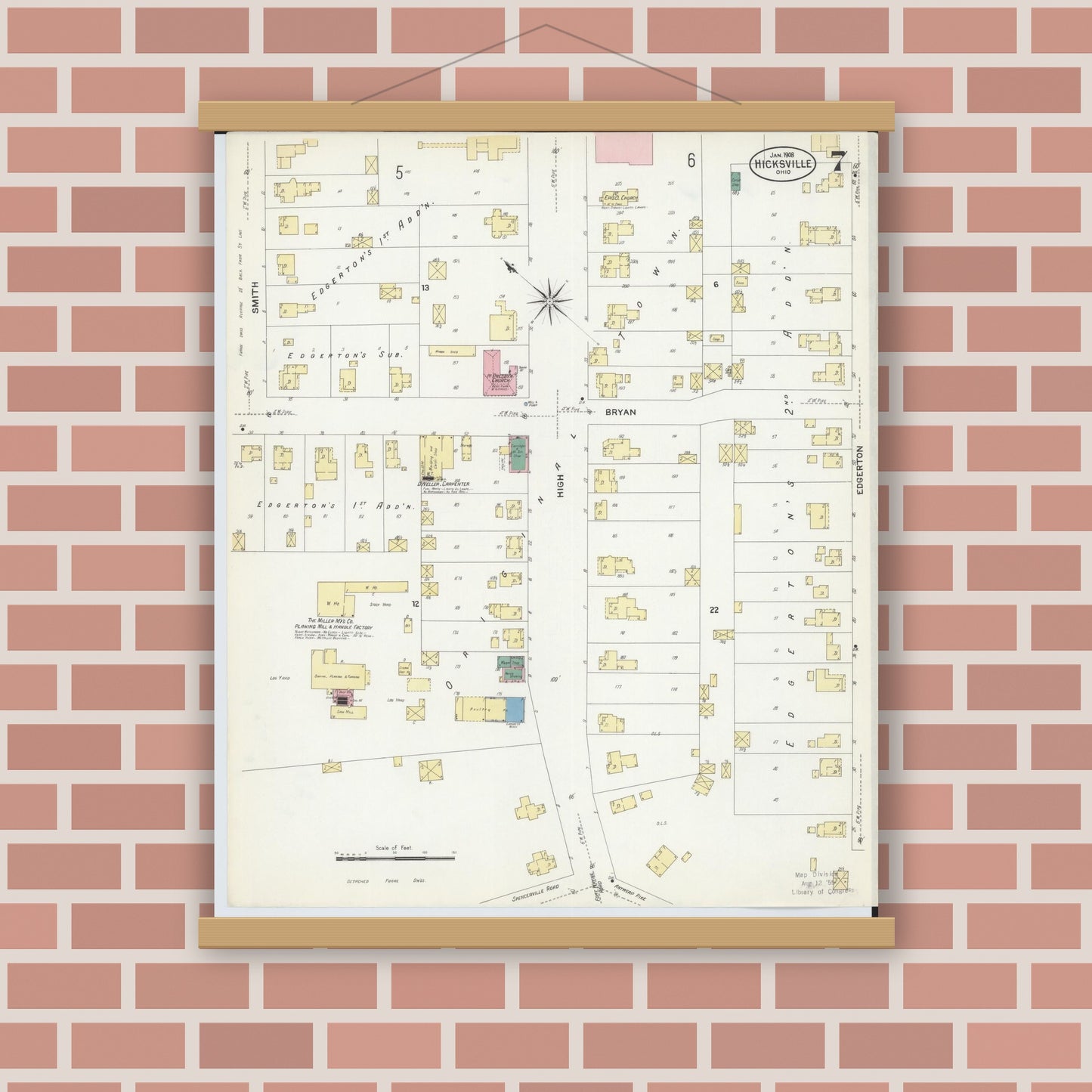 Old map wall art mockup — magnetic wood frame on brick wall — Sanborn Fire Insurance Map from Hicksville, Defiance County, Ohio (1908), Sheet #0007