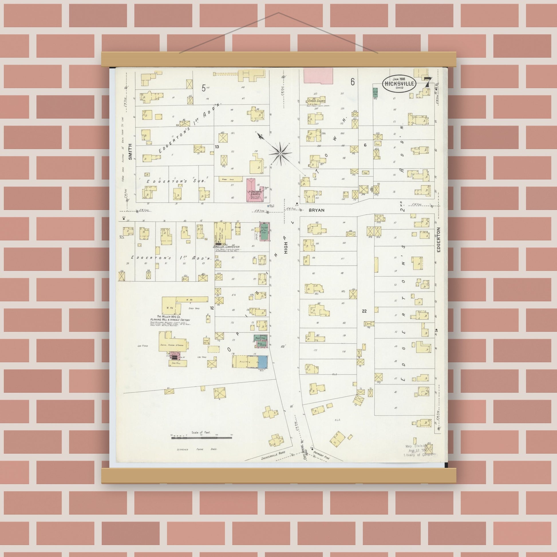 Old map wall art mockup — magnetic wood frame on brick wall — Sanborn Fire Insurance Map from Hicksville, Defiance County, Ohio (1908), Sheet #0007