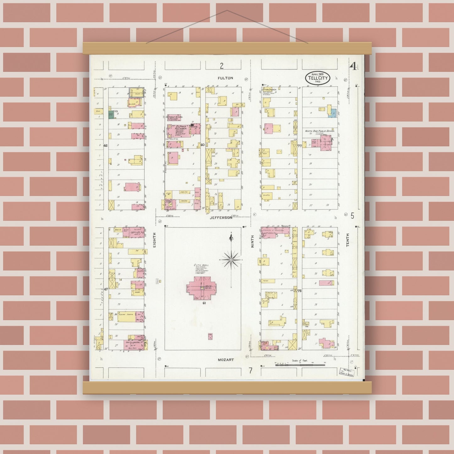 Old map wall art mockup — magnetic wood frame on brick wall — Sanborn Fire Insurance Map from Tell City, Perry County, Indiana (1909), Sheet #0004