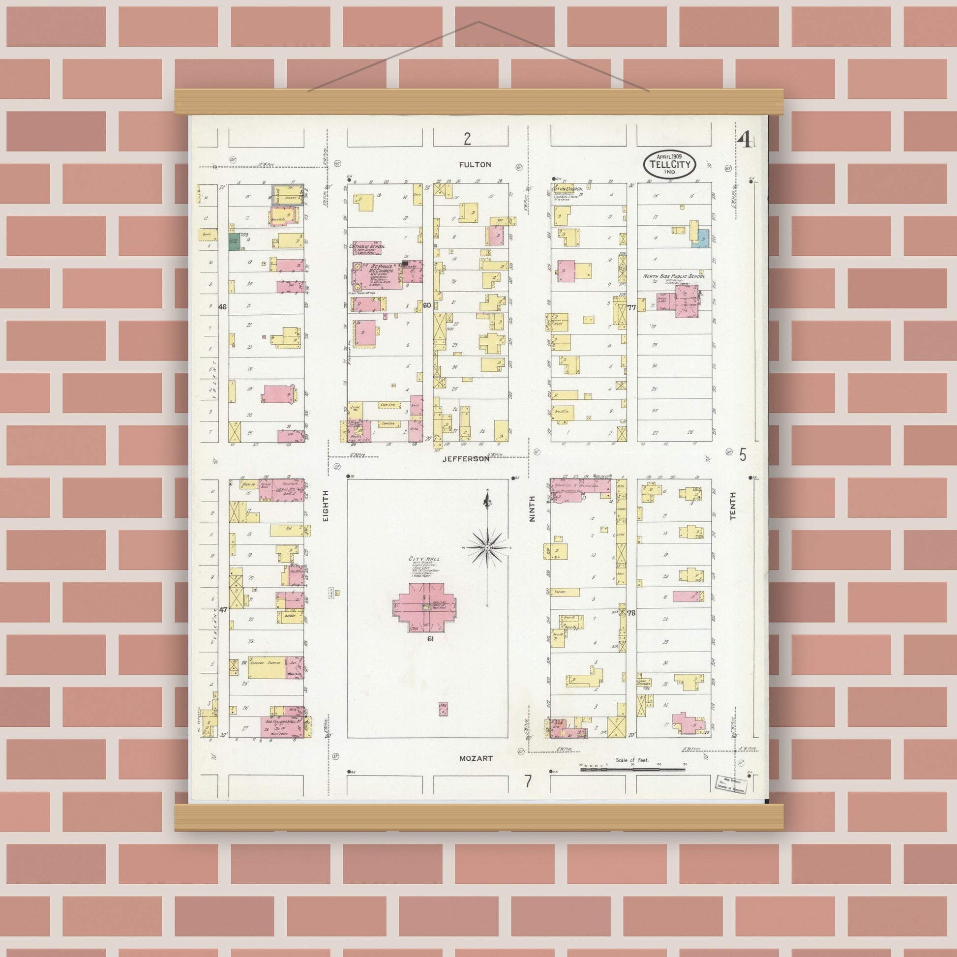 Old map wall art mockup — magnetic wood frame on brick wall — Sanborn Fire Insurance Map from Tell City, Perry County, Indiana (1909), Sheet #0004