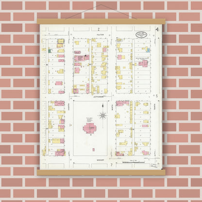 Old map wall art mockup — magnetic wood frame on brick wall — Sanborn Fire Insurance Map from Tell City, Perry County, Indiana (1909), Sheet #0004