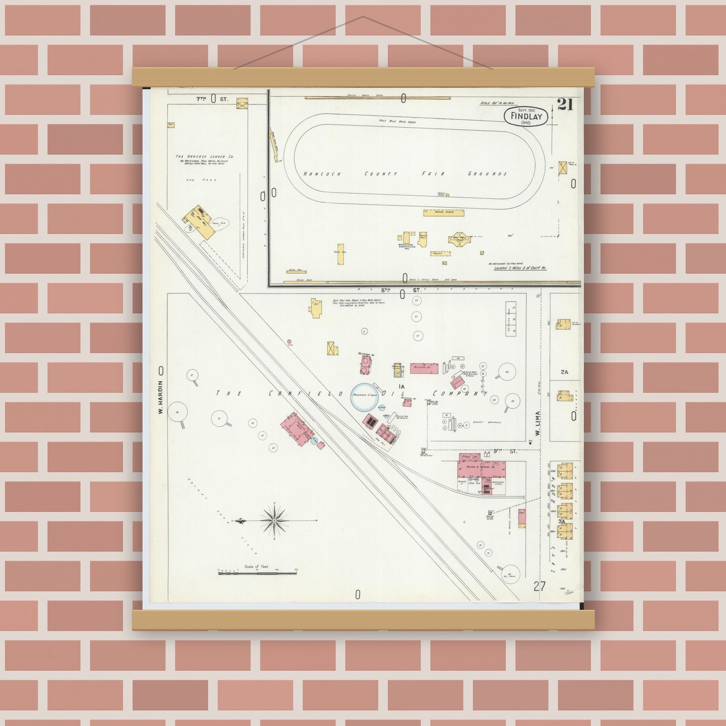 Old map wall art mockup — magnetic wood frame on brick wall — Sanborn Fire Insurance Map from Findlay, Hancock County, Ohio (1901), Sheet #0021
