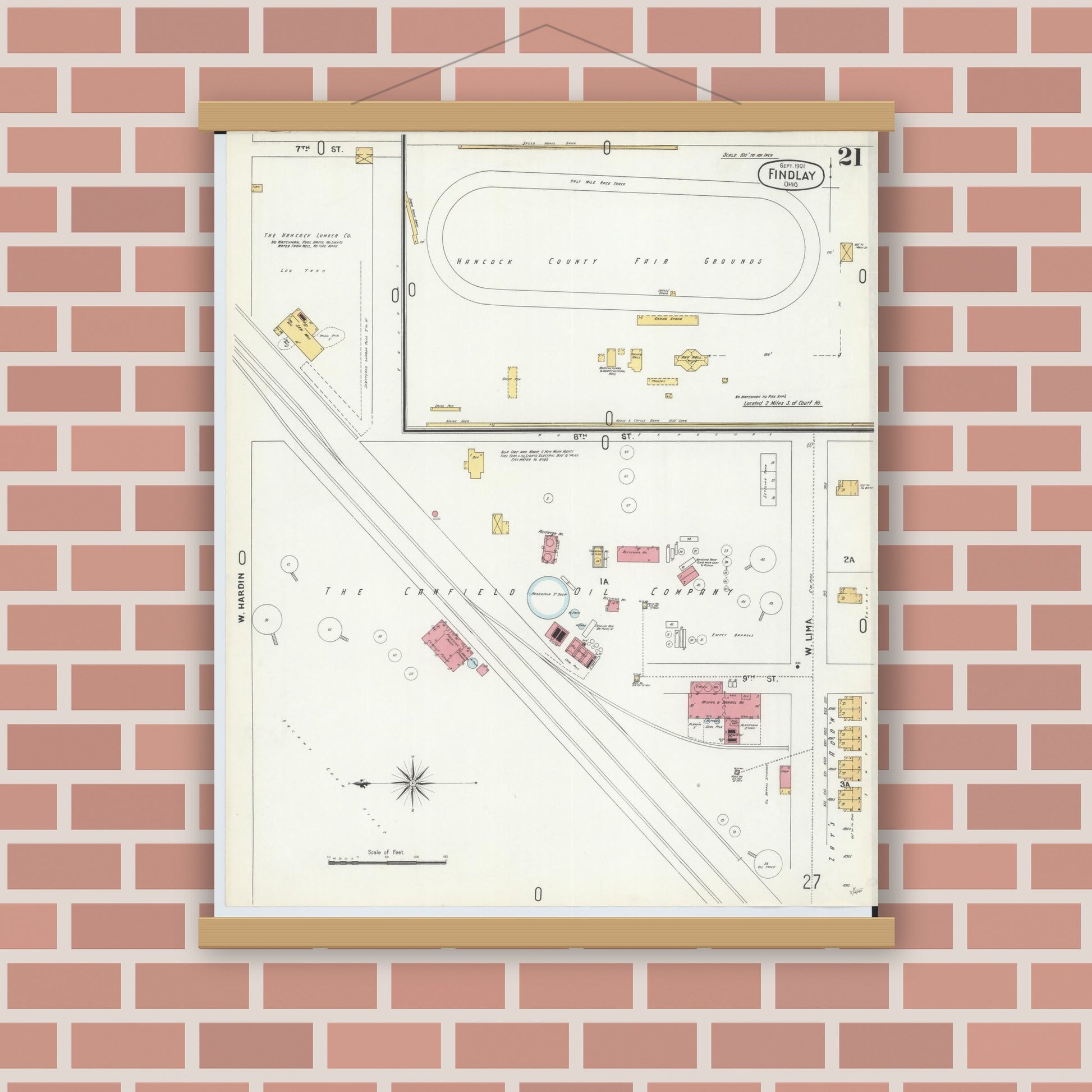 Old map wall art mockup — magnetic wood frame on brick wall — Sanborn Fire Insurance Map from Findlay, Hancock County, Ohio (1901), Sheet #0021