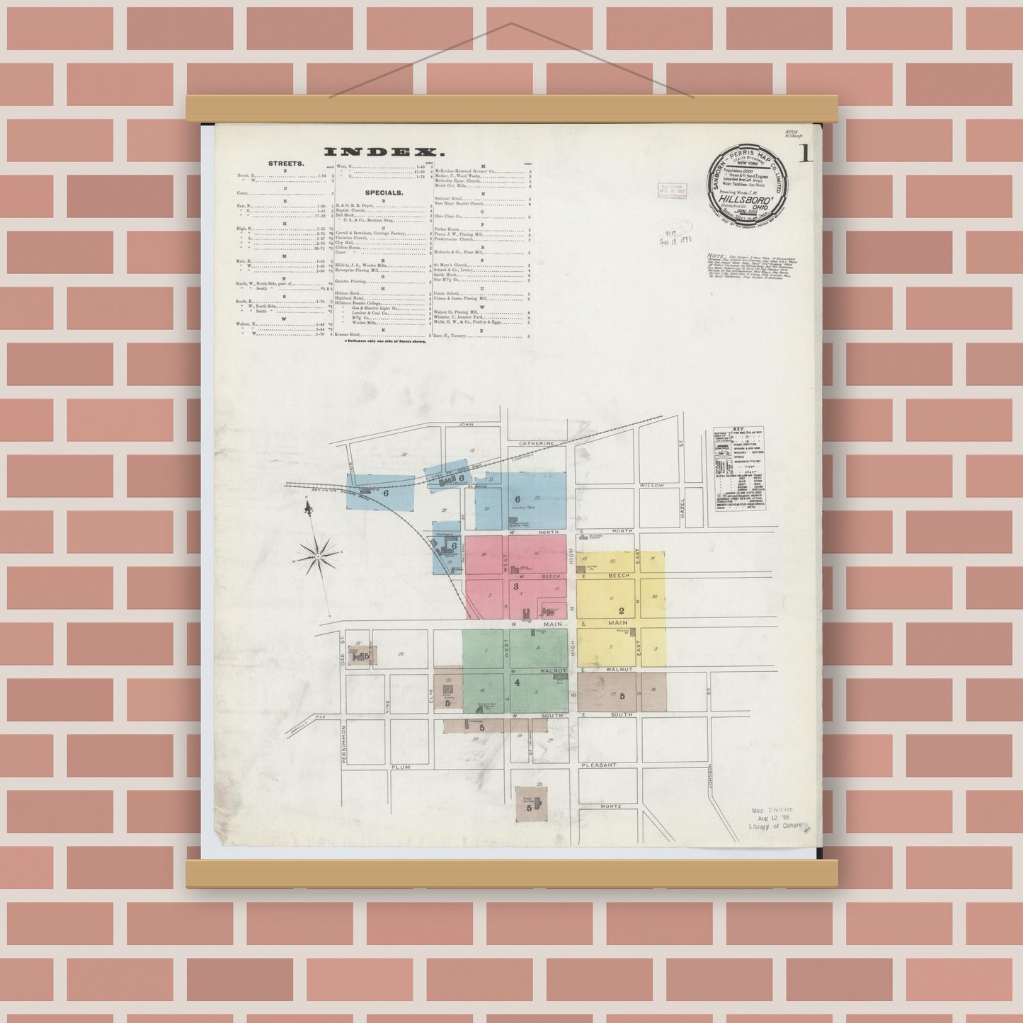 Old map wall art mockup — magnetic wood frame on brick wall — Sanborn Fire Insurance Map from Hillsboro, Highland County, Ohio (1893), Sheet #0001