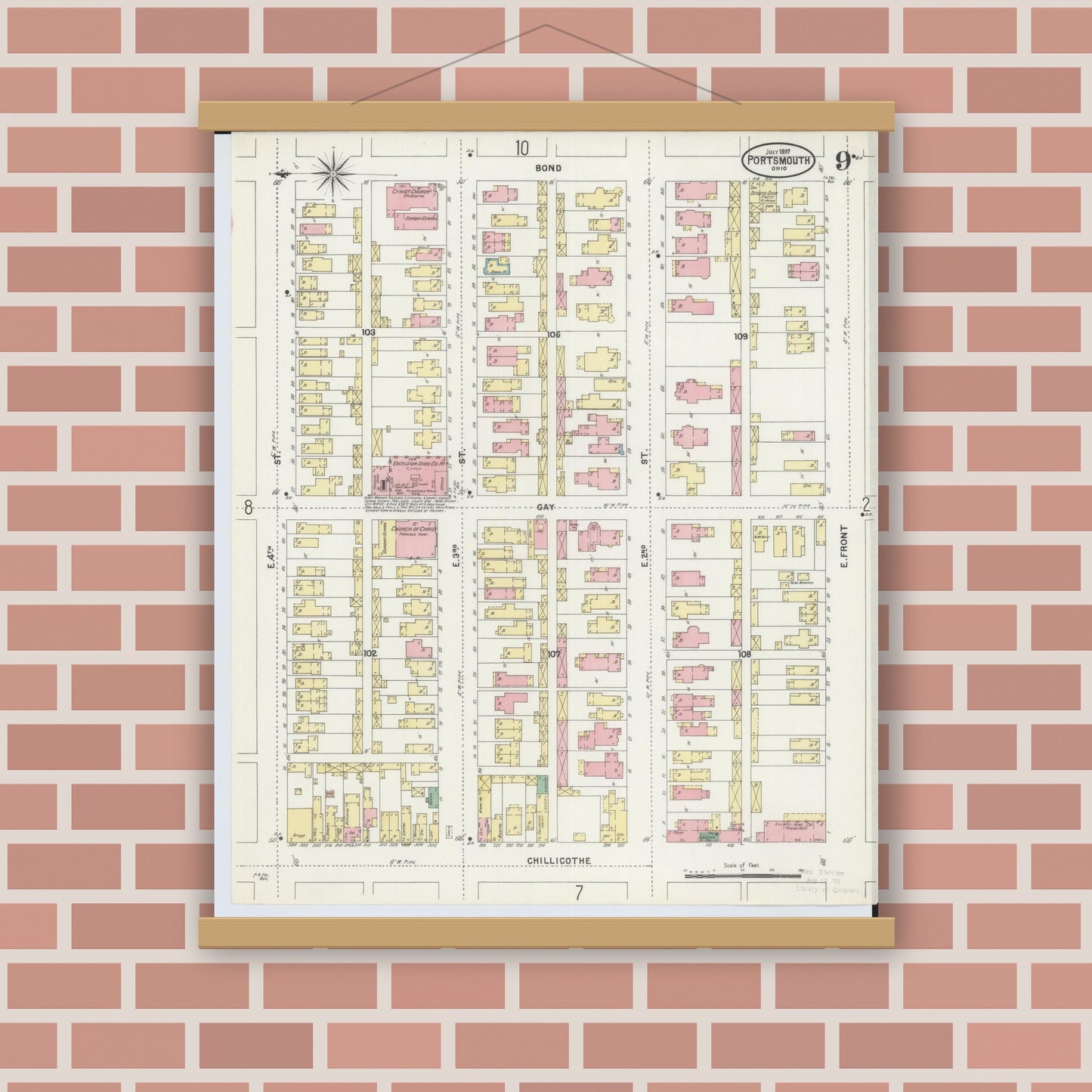 Old map wall art mockup — magnetic wood frame on brick wall — Sanborn Fire Insurance Map from Portsmouth, Scioto County, Ohio (1897), Sheet #0009