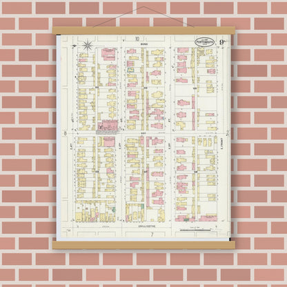 Old map wall art mockup — magnetic wood frame on brick wall — Sanborn Fire Insurance Map from Portsmouth, Scioto County, Ohio (1897), Sheet #0009